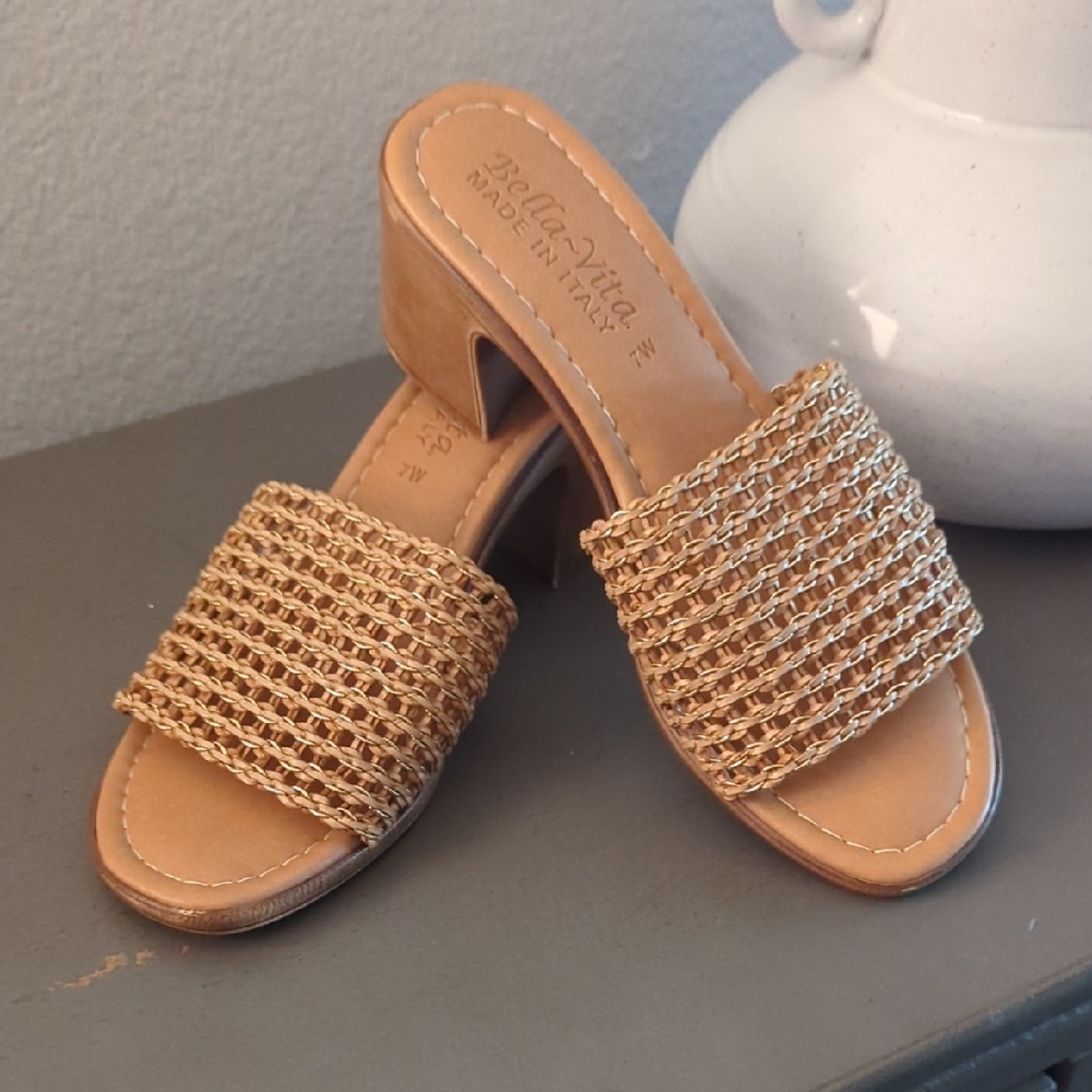 Woven Tan Sandal with Wood Block Heel